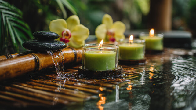On a bamboo base, a soft orange fountain flows amid black stones, green orchids, and glowing candles, with foliage and natural light creating a serene zen mood.