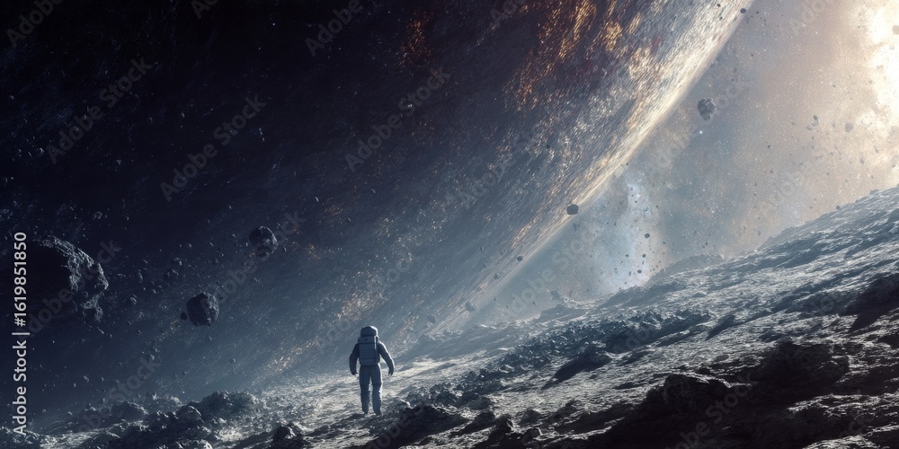 Poster astronaut exploring the surface of an alien planet with dramatic galactic background and floating as