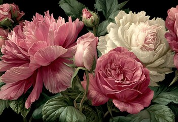 A bouquet of detailed peonies and roses in soft, muted hues.