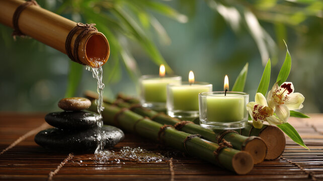 On a bamboo base, a soft orange fountain flows amid black stones, green orchids, and glowing candles, with foliage and natural light creating a serene zen mood. - Powered by Adobe
