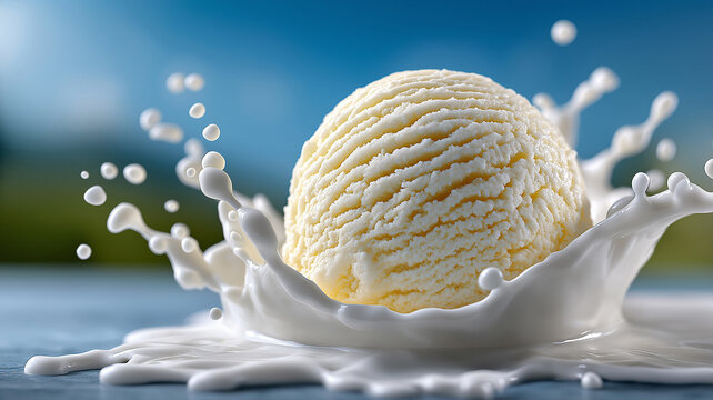 Delicious vanilla scoop suspended in air with swirling milk splash and icy frost particles, soft blue gradient background highlighting freshness for dessert branding and advertising,levitating ice