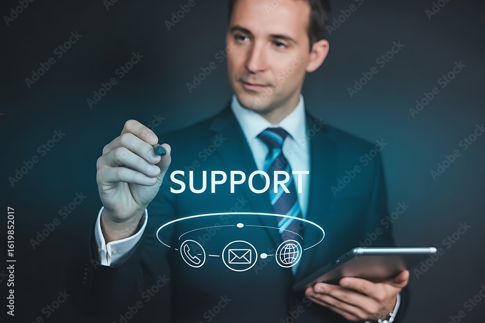 Poster businessman interacting with digital interface displaying support icons and word technology