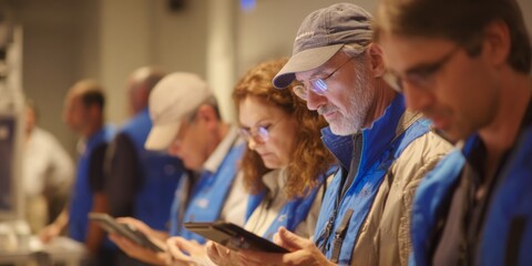 Professional Team Engaged with Technology in a Modern Workspace, Focused on Mobile Devices and Tablets for Collaborative Tasks