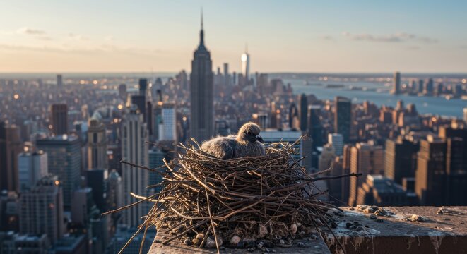 Pigeon in urban nest: cityscape skylines and wildlife in new york at sunrise - Powered by Adobe