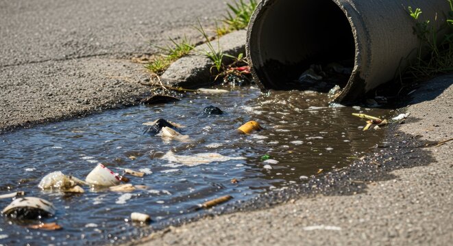 Urban storm drain overflow spilling polluted water and waste onto city street