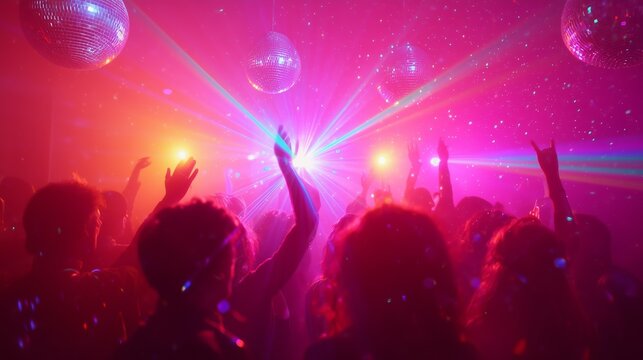 Energetic dance floor scene featuring colorful disco lights and festive crowd enjoying a lively nightclub party atmosphere.
