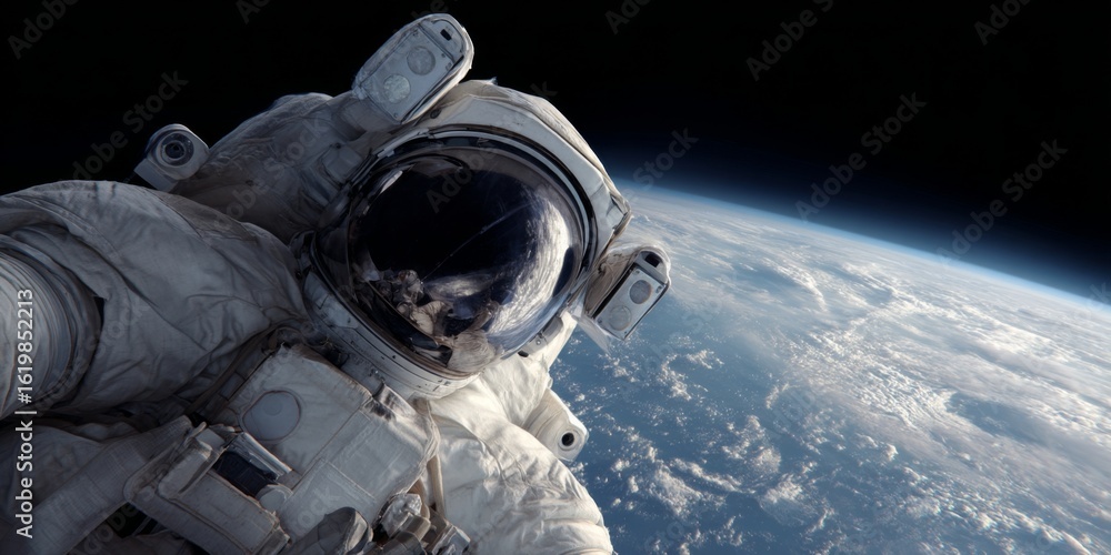 Poster astronaut floating in space taking a selfie above earth with a stunning view of the planet and the d