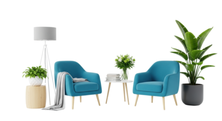 Two modern minimalist teal armchairs, one with a grey throw, light wood side table with white and green flowers and books, floor lamp, and green plants, all on a stark white studio background with