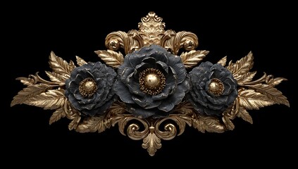 Ornate gold and dark gray floral design on a black background.