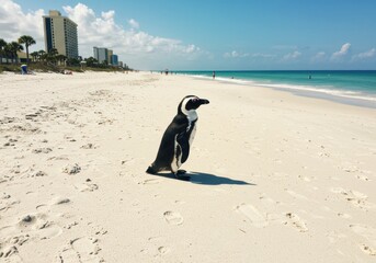 Fototapeta premium Penguin strolls on sunny beach with skyscrapers lining the shore under clear skies
