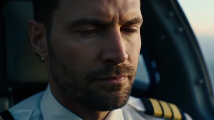 Close Up of a Pilot in White Uniform with Stripes in a Cockpit with Golden Hour Lighting