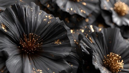Close-up view of intricate black flowers with gold accents.