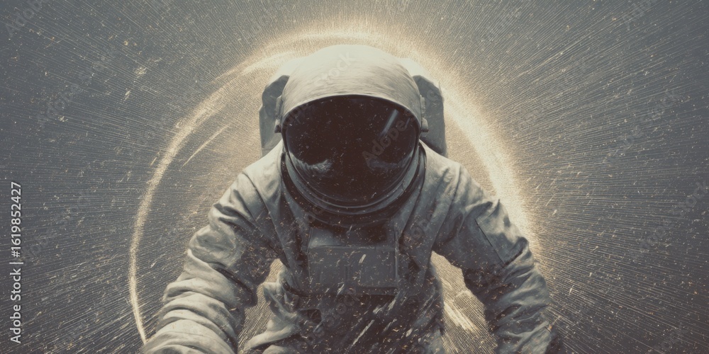 Poster astronaut in space surrounded by dust and sparkle effect, exploring the universe, digital art repres