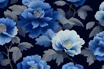 Detailed floral pattern with deep blue peonies and silvery leaves.