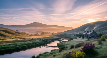 Fototapeta premium Sunrise Serenity: Misty Valley Awakens * Golden Dawn Over Rolling Hills & Stone Cottages * Tranquil Morning Mist Embraces a Rural