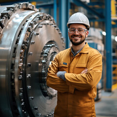 Portrait of factory worker. Young handsome factory worker.