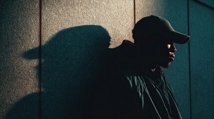 Silhouette of Young Person in Cap Against Textured Wall Highlighted by Sunlight