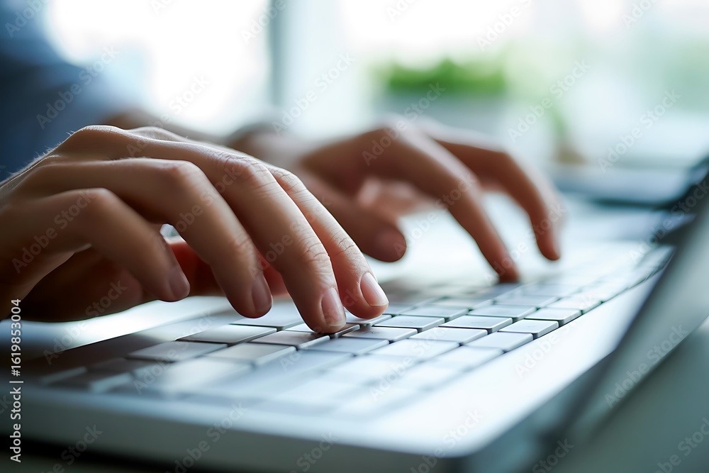 Poster close up of hands typing on a silver laptop keyboard with soft focus background computer