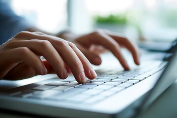 Close up of hands typing on a silver laptop keyboard with soft focus background computer