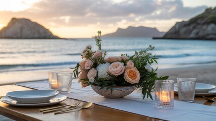 Fototapeta premium A beautifully set beachside dinner table with floral arrangements, candlelight, and a scenic sunset backdrop, creating a romantic atmosphere.