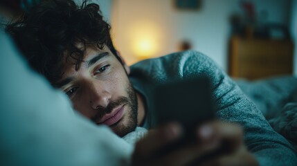 Obraz premium Young man lying in bed, holding a smartphone in a dimly lit room, displaying a relaxed or contemplative expression.