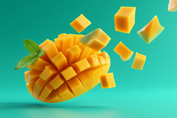 Mango with mango cubes floating in the air against a green background, ultra-realistic photography. Delicious mango cubes . 