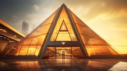 Triangular business hub building with textured glass fa? section ade, displayed on matte ochre background, strong visual perspective .