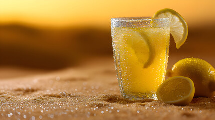 Refreshing Lemonade on a Sandy Beach at Sunset