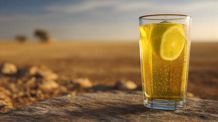 Refreshing drink in the desert: A glass of lemon soda on a rock with a sun-drenched field in the background