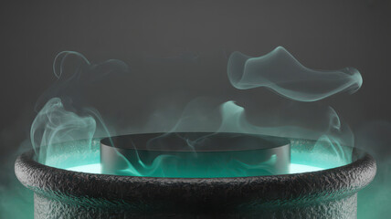 Magic cauldron with glowing green potion and smoke