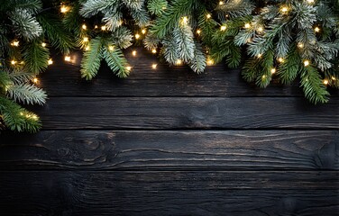 Christmas lights adorn dark wooden planks.