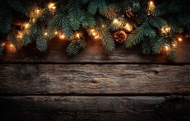 Warm christmas lights on rustic wooden planks.