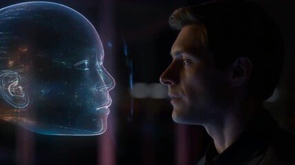 Man interacting with digital hologram face in futuristic AI technology interface at night, innovation and artificial intelligence communication in modern tech-driven environment - Powered by Adobe
