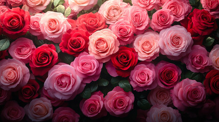 Obraz premium Lush bouquet of red and pink roses in full bloom, forming a rich, romantic floral backdrop perfect for love, celebration, and elegance. 