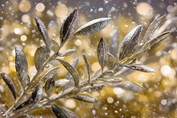 Silver-toned leaves on a branch, detailed close-up.