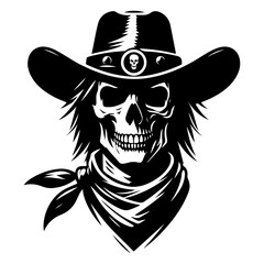 Illustration of a skull wearing a black cowboy hat in a monochrome color scheme on a white background
