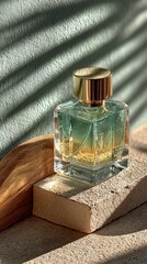 Luxury Perfume Bottle Close-Up: Gradient Green-Gold Liquid with Metal Cap Stone Base and Light & Shadow Creating High-End Beauty Atmosphere