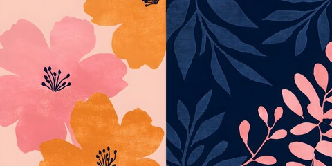 Two contrasting floral and leaf patterns.