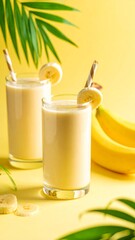 Fresh, healthy banana and orange fruit smoothie in a glass, isolated on white for a sweet, cold breakfast drink