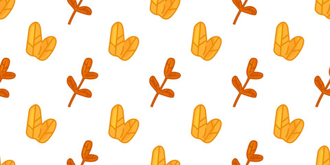 Seamless Autumn Yellow Leaf Pattern. Yellow leaves and orange branches in cartoon style. Seamless seasonal foliage pattern on white background.
