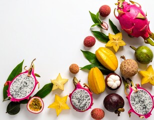 Dragon fruit, lychee, mangosteen, passion fruit, starfruit, and other tropical fruits beautifully spread on a white background with green leaves