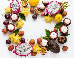 A vibrant circular arrangement of dragon fruit, starfruit, lychee, mangosteen, avocado, mango, and passion fruit on a white background