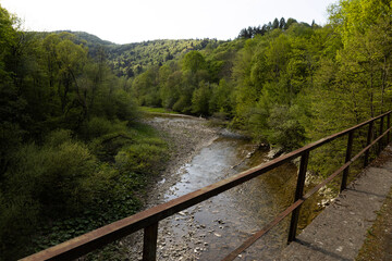 View on river surrounded by park from the narrow metal bridge