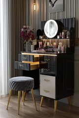 Luxurious makeup vanity with a round mirror, illuminated lighting, cosmetics, and velvet stool in a chic interior setting.