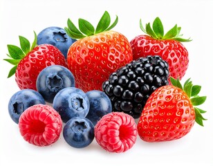 A close-up mix of ripe strawberries, blueberries, raspberries, and a blackberry on a clean white background
