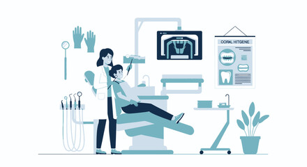 A dentist wearing a lab coat examines a patient sitting in a dental chair, with dental tools, x-ray, and hygiene chart visible.