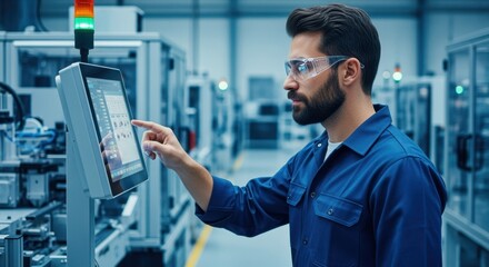 Factory worker programs production line via touchscreen device amidst advanced machinery.
