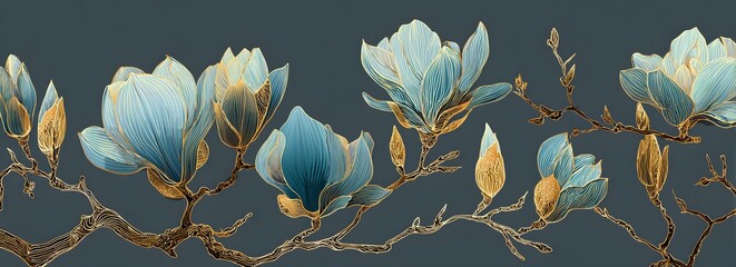 Delicate magnolia blossoms on dark branches.