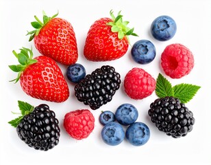 A scattered arrangement of strawberries, blackberries, blueberries, and raspberries on a white background