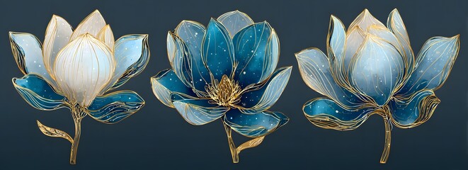 Three detailed magnolia blossoms in shades of blue and white, with golden accents.